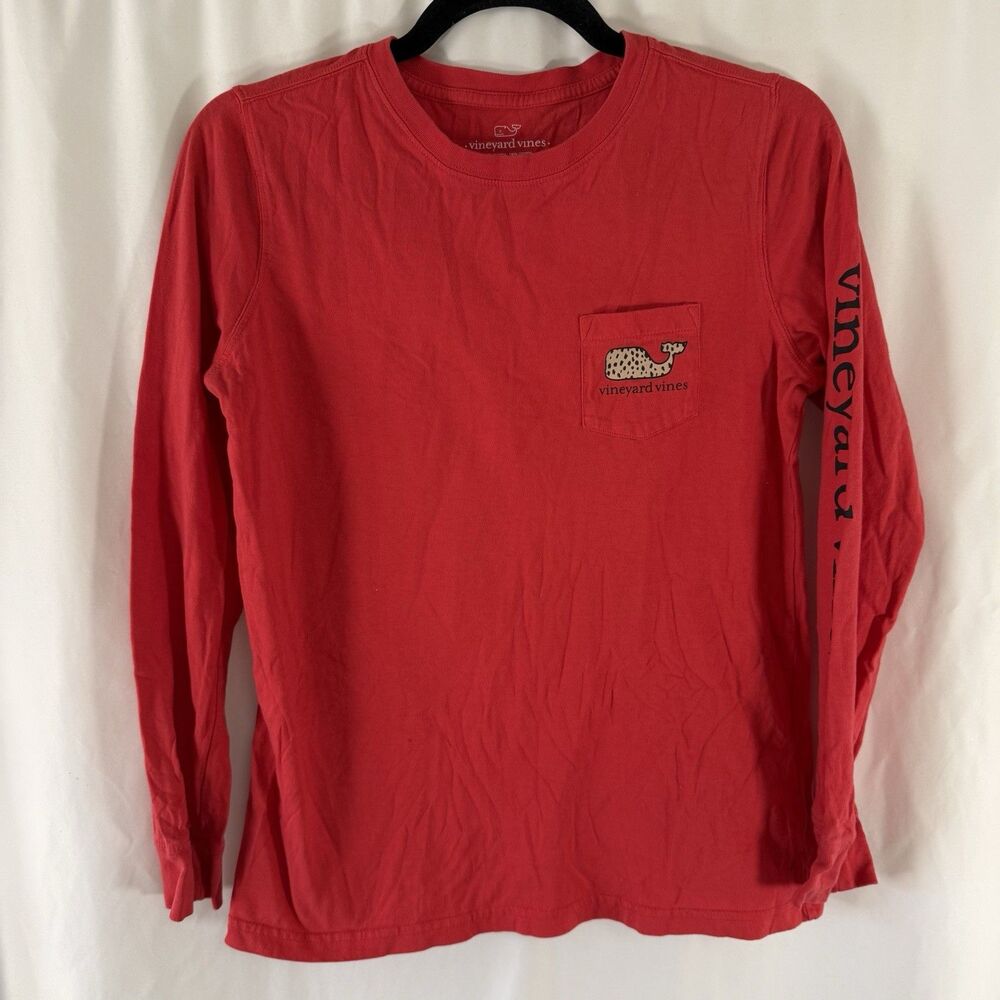 Vineyard Vines Shirt Women's XS Red Cheetah Print Whale Long Sleeve Crew Neck